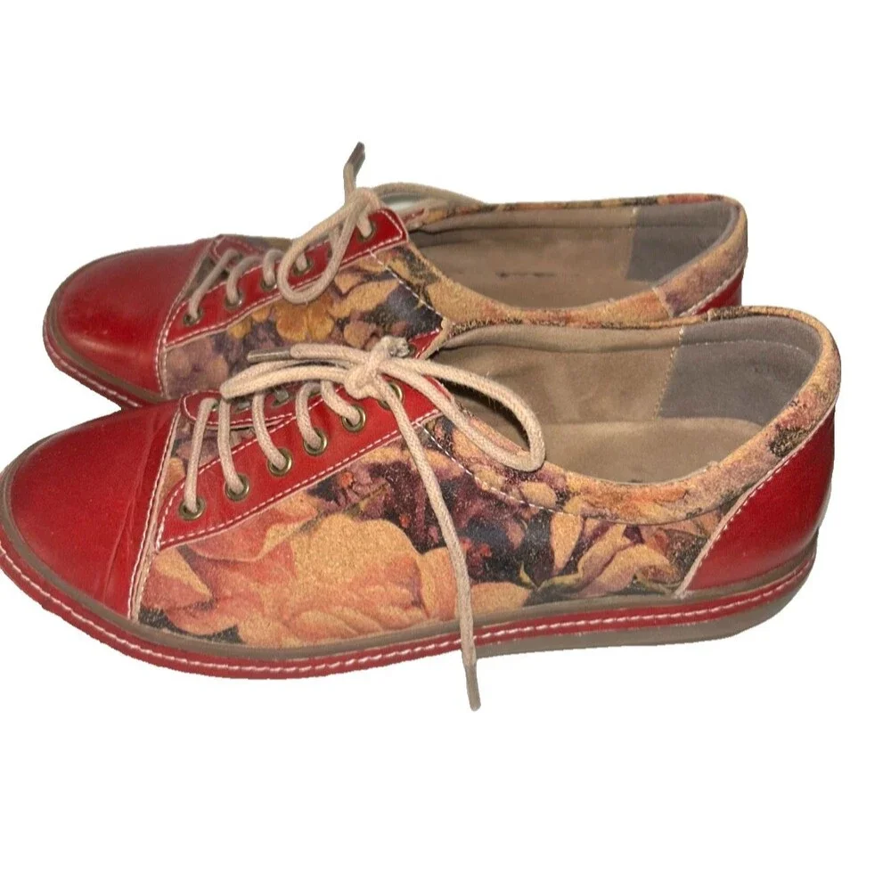 L’Artiste Spring Step Bibbie Rose Floral Sneakers size 38/7.5 Artsy Red Leather